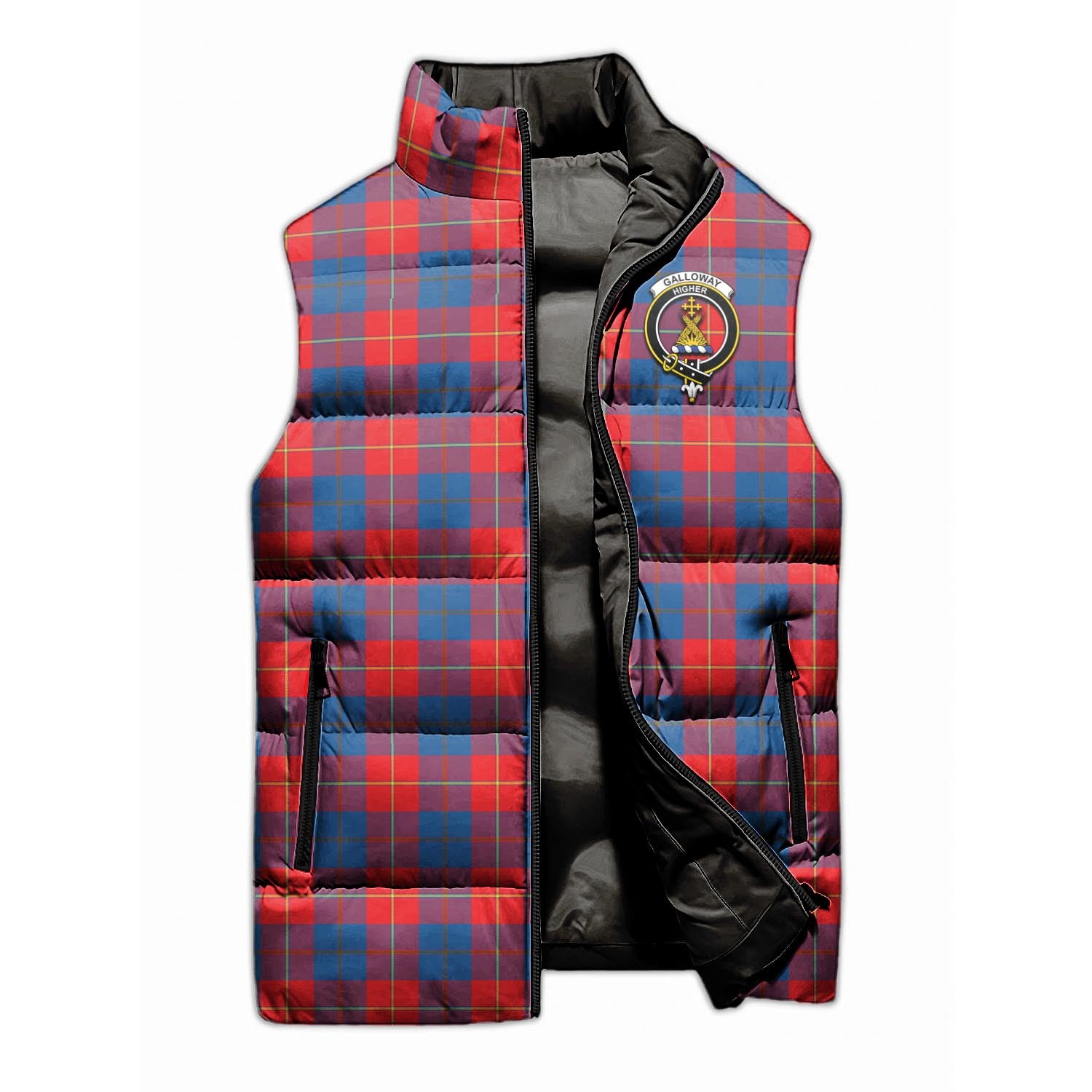 Galloway Red Tartan Sleeveless Puffer Jacket with Family Crest - Tartanvibesclothing