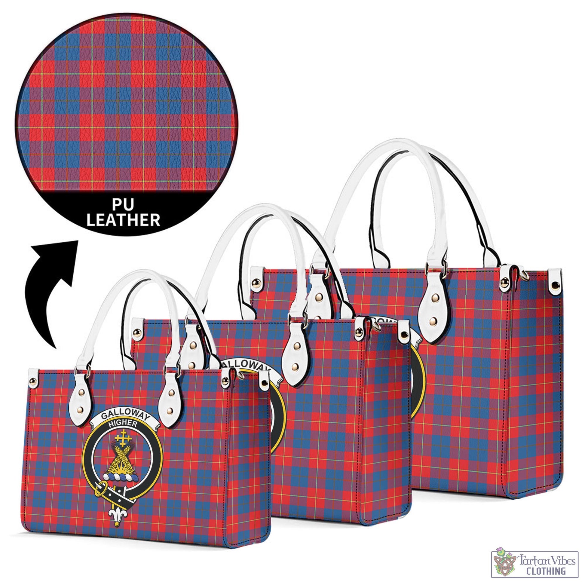 Tartan Vibes Clothing Galloway Red Tartan Luxury Leather Handbags with Family Crest