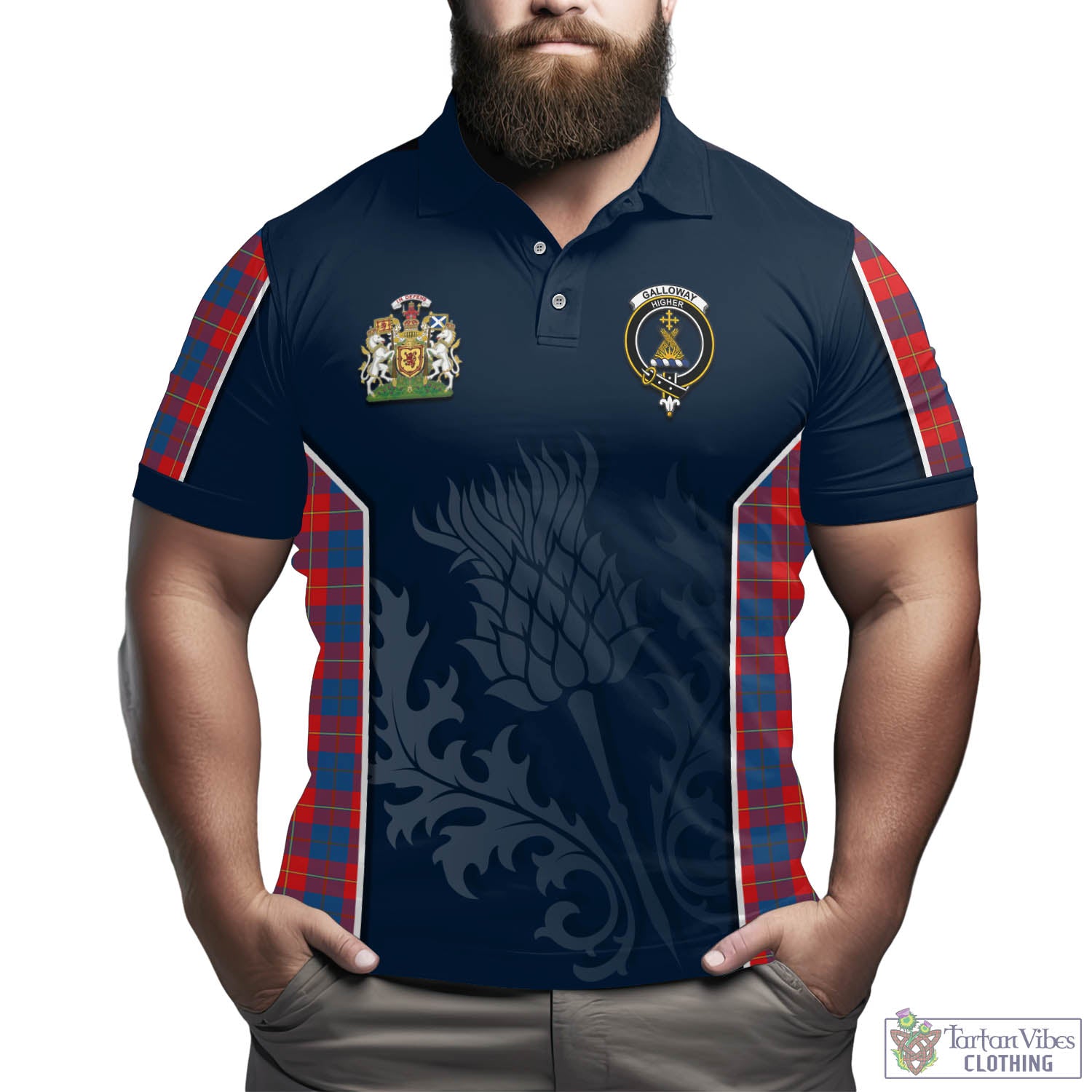 Tartan Vibes Clothing Galloway Red Tartan Men's Polo Shirt with Family Crest and Scottish Thistle Vibes Sport Style