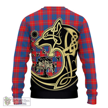 Galloway Red Tartan Ugly Sweater with Family Crest Celtic Wolf Style