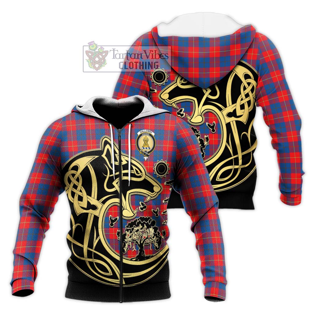 Tartan Vibes Clothing Galloway Red Tartan Knitted Hoodie with Family Crest Celtic Wolf Style