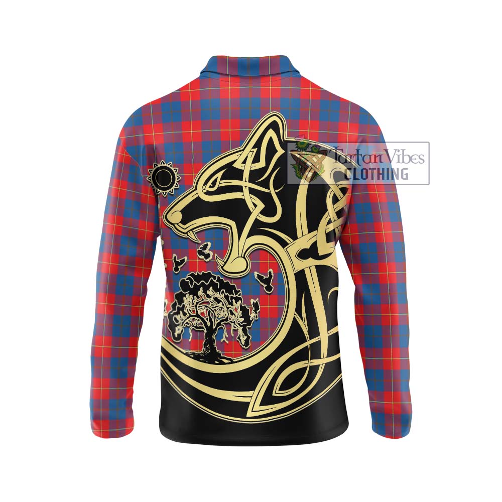 Tartan Vibes Clothing Galloway Red Tartan Long Sleeve Polo Shirt with Family Crest Celtic Wolf Style