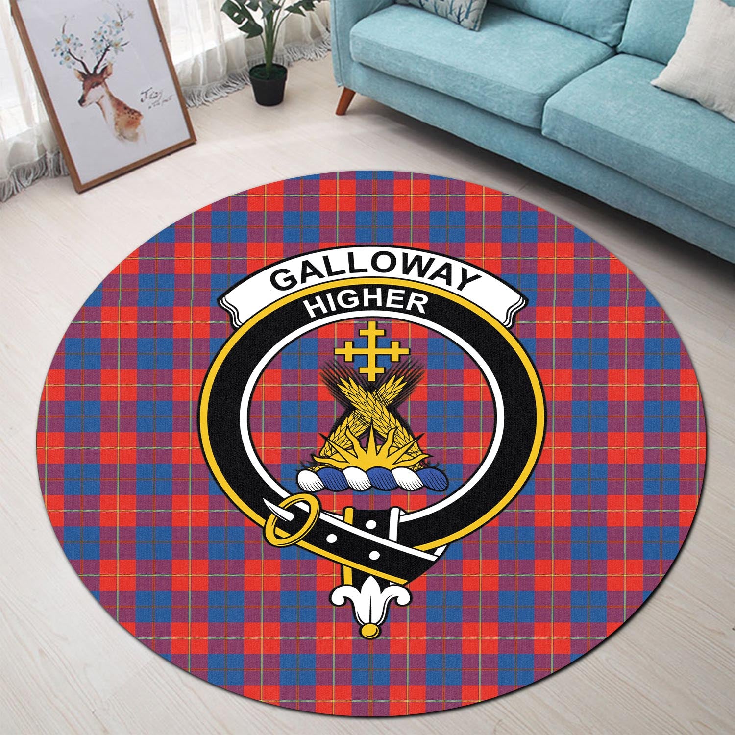 galloway-red-tartan-round-rug-with-family-crest