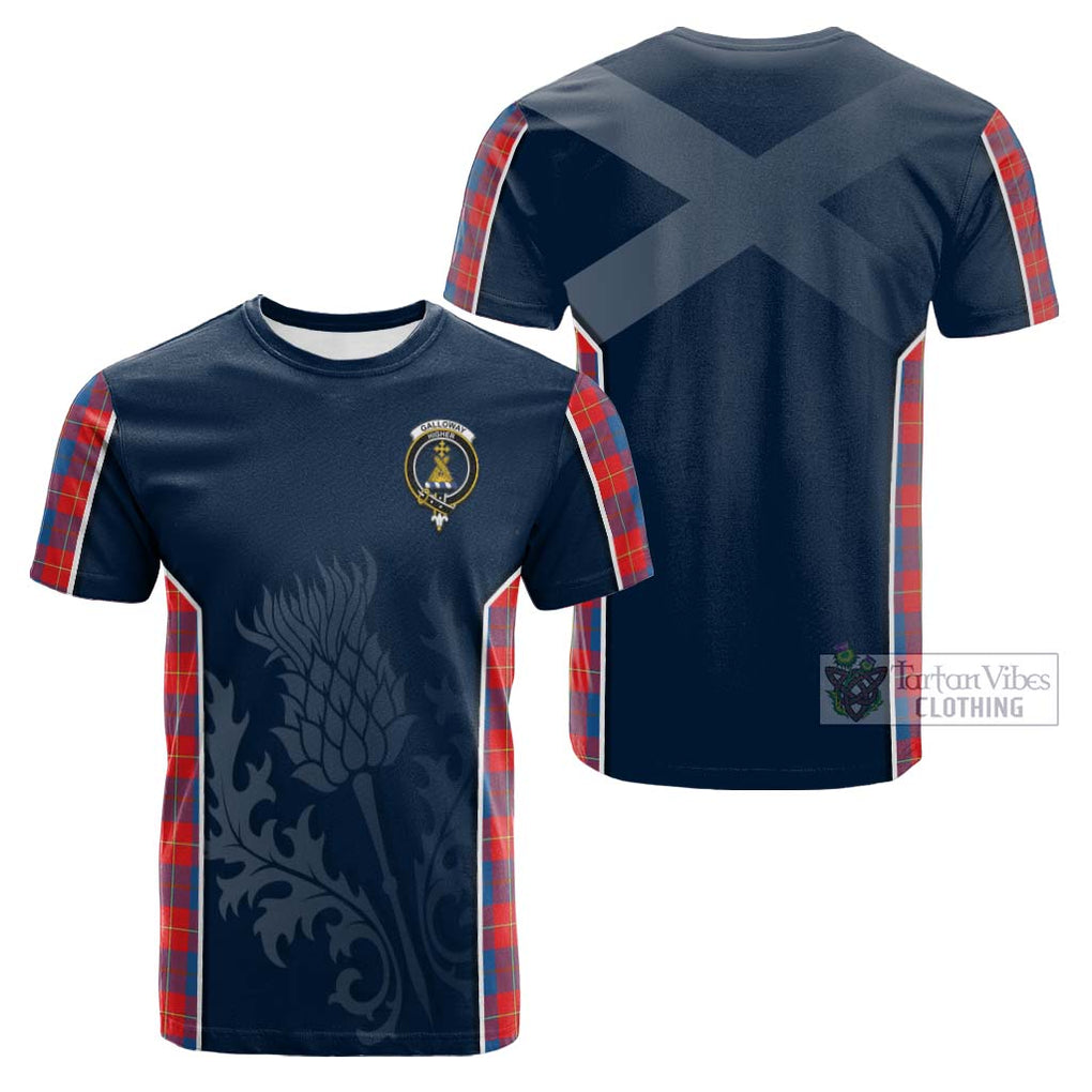 Tartan Vibes Clothing Galloway Red Tartan Cotton T-shirt with Family Crest and Scottish Thistle Vibes Sport Style