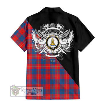 Galloway Red Tartan Short Sleeve Button Shirt with Family Crest and Military Logo Style