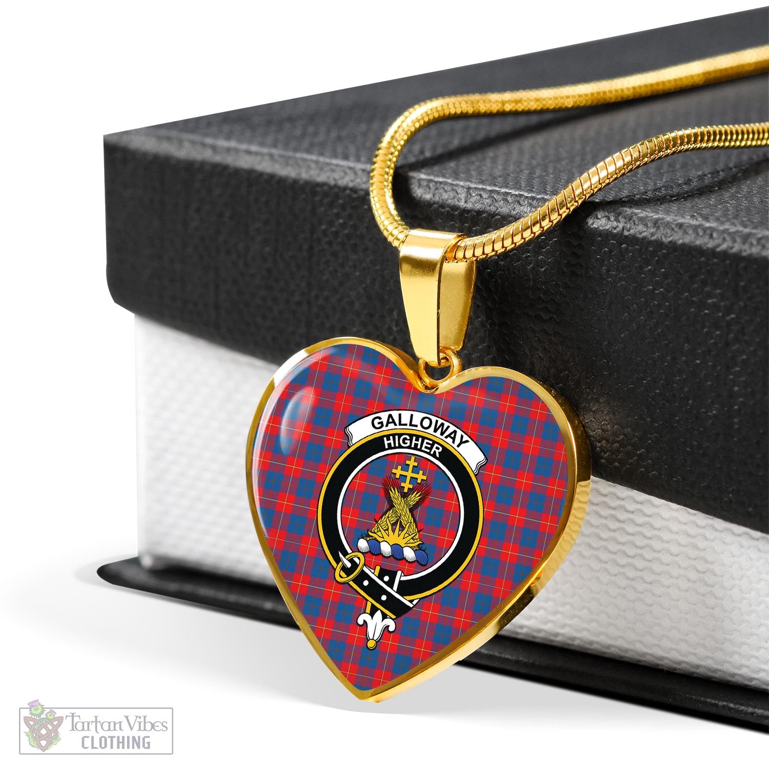 Tartan Vibes Clothing Galloway Red Tartan Heart Necklace with Family Crest