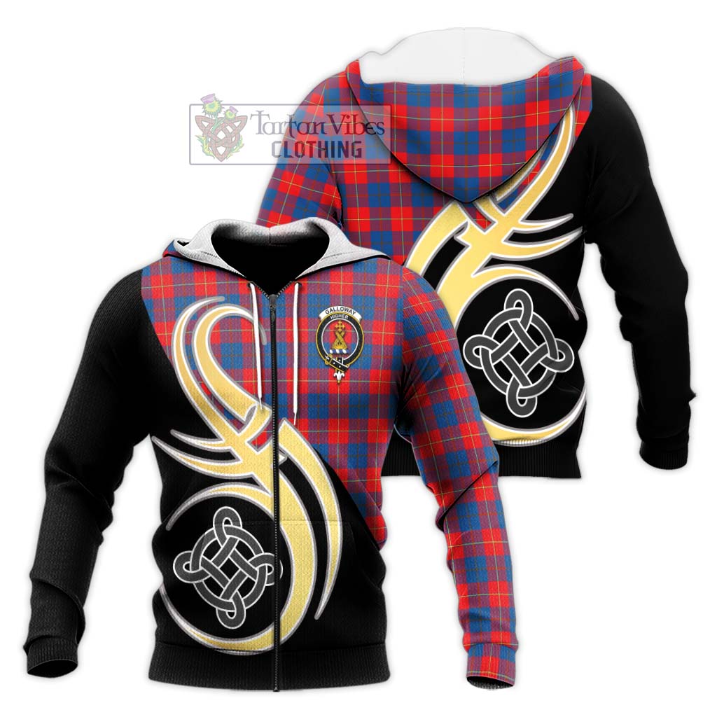 Tartan Vibes Clothing Galloway Red Tartan Knitted Hoodie with Family Crest and Celtic Symbol Style