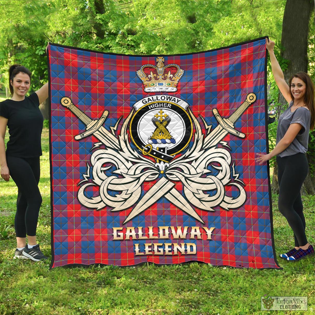 Tartan Vibes Clothing Galloway Red Tartan Quilt with Clan Crest and the Golden Sword of Courageous Legacy