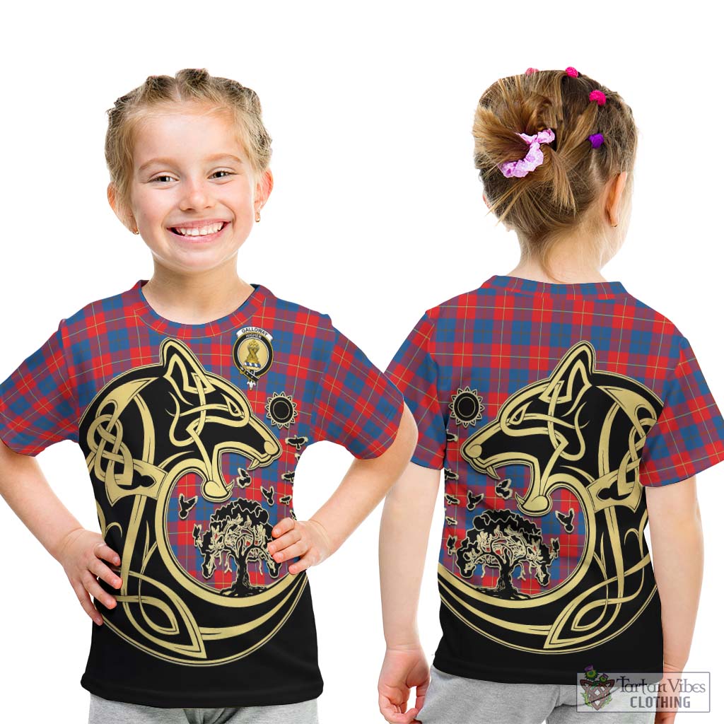 Tartan Vibes Clothing Galloway Red Tartan Kid T-Shirt with Family Crest Celtic Wolf Style