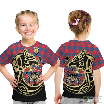 Galloway Red Tartan Kid T-Shirt with Family Crest Celtic Wolf Style