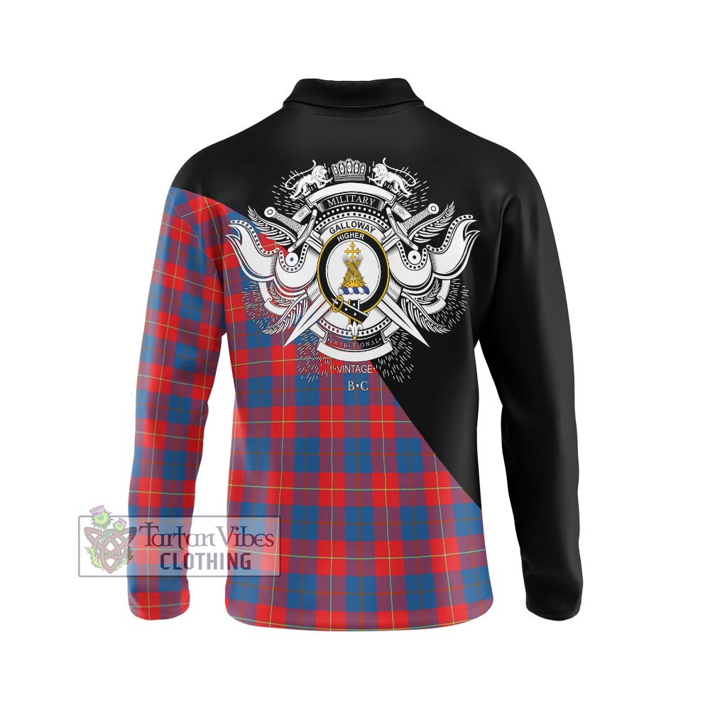 Galloway Red Tartan Long Sleeve Polo Shirt with Family Crest and Military Logo Style - Tartanvibesclothing Shop