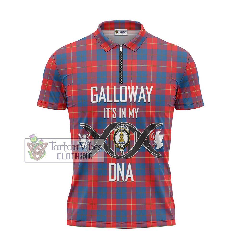 Galloway Red Tartan Zipper Polo Shirt with Family Crest DNA In Me Style - Tartanvibesclothing Shop