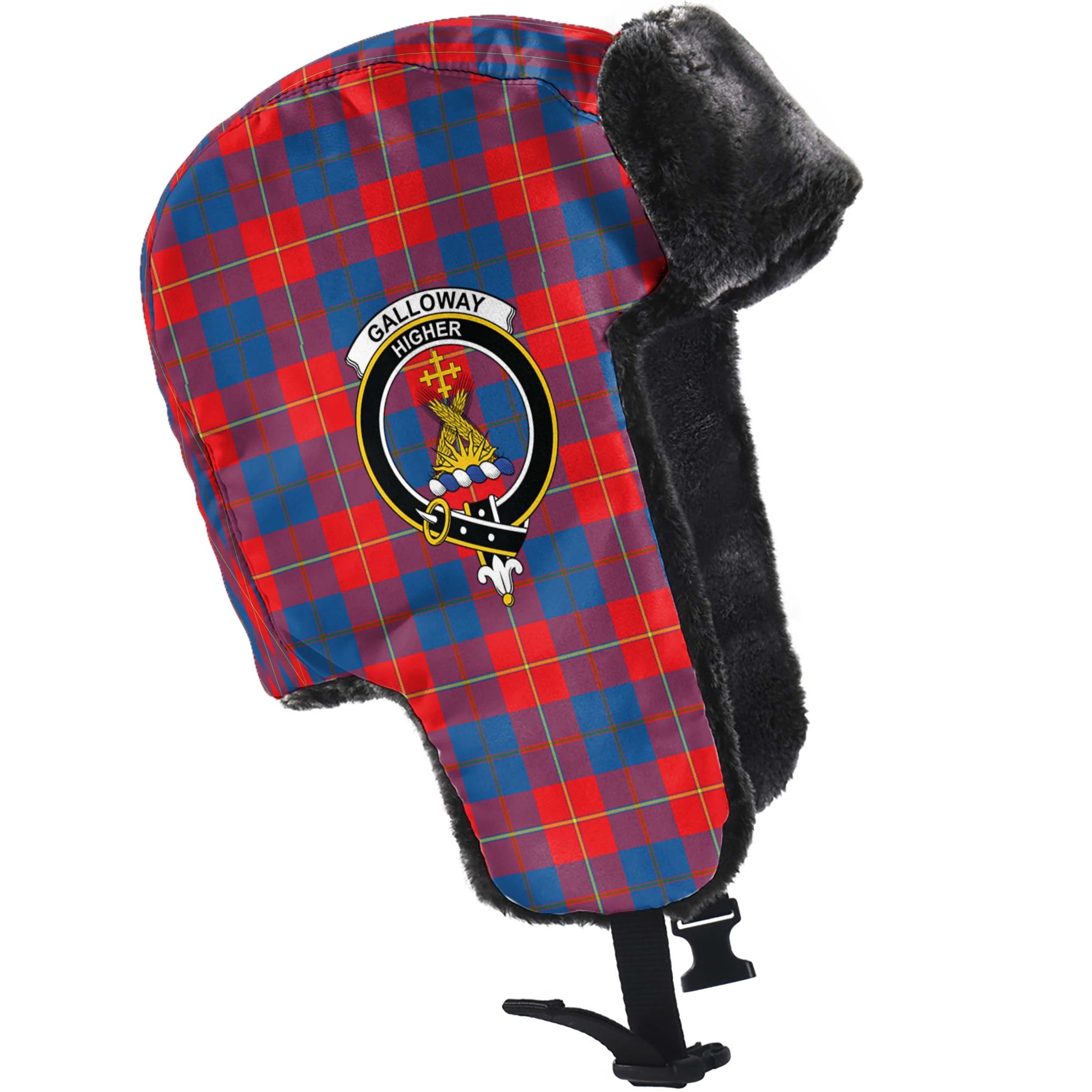 Galloway Red Tartan Winter Trapper Hat with Family Crest - Tartanvibesclothing