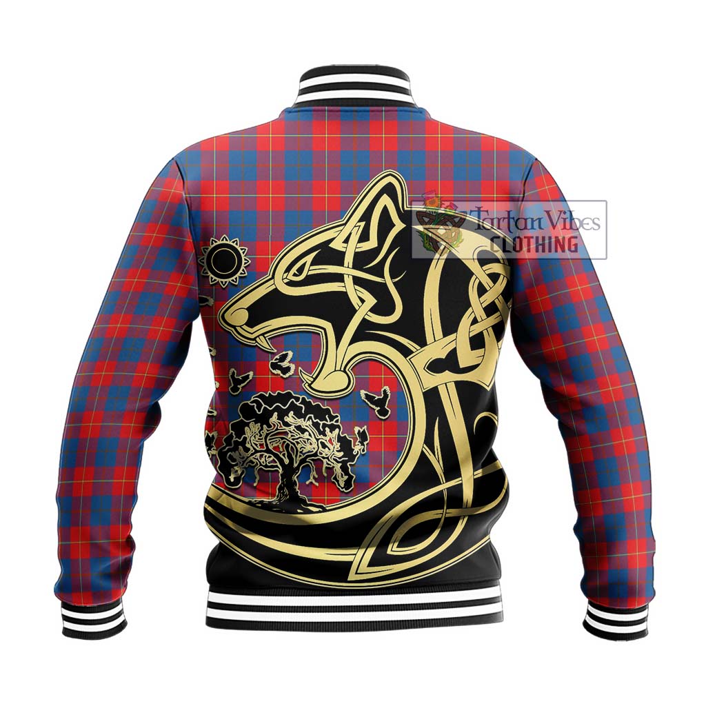 Tartan Vibes Clothing Galloway Red Tartan Baseball Jacket with Family Crest Celtic Wolf Style