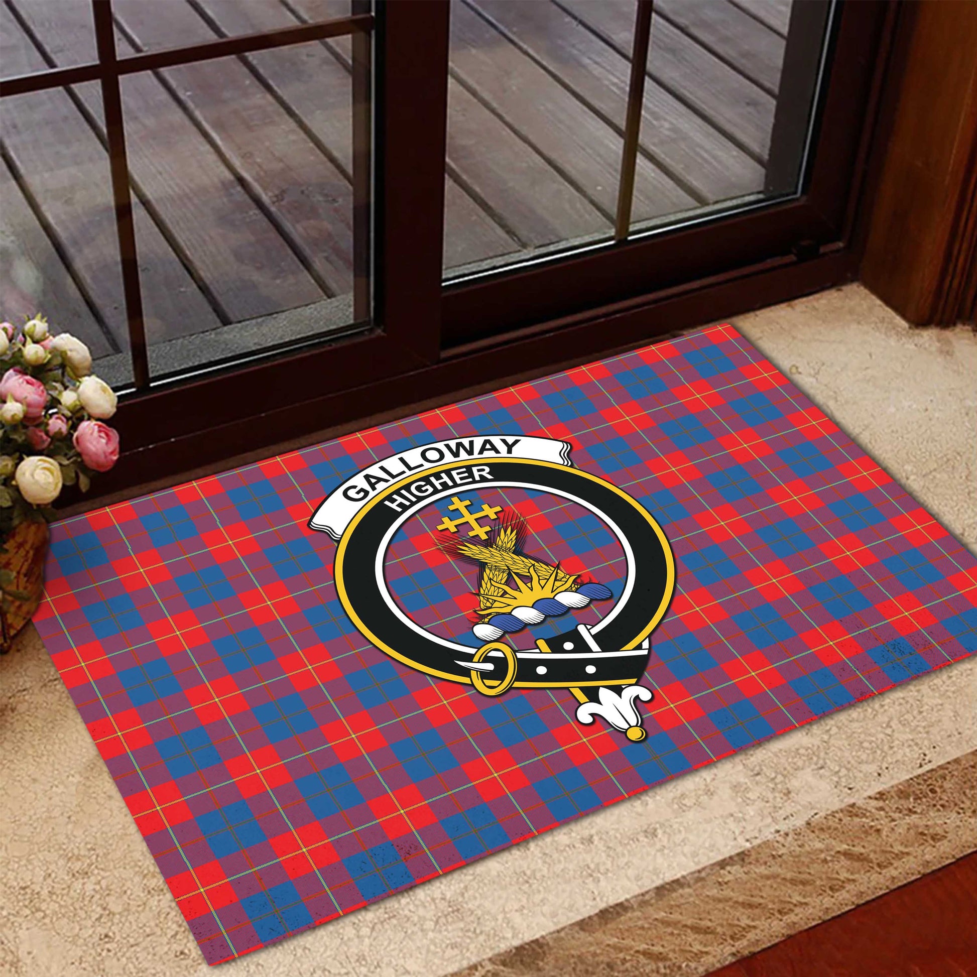 Galloway Red Tartan Door Mat with Family Crest - Tartanvibesclothing