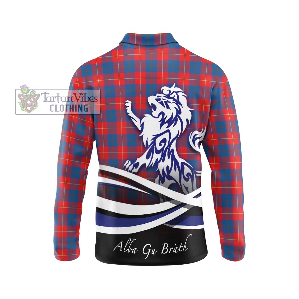 Galloway Red Tartan Long Sleeve Polo Shirt with Alba Gu Brath Regal Lion Emblem - Tartanvibesclothing Shop