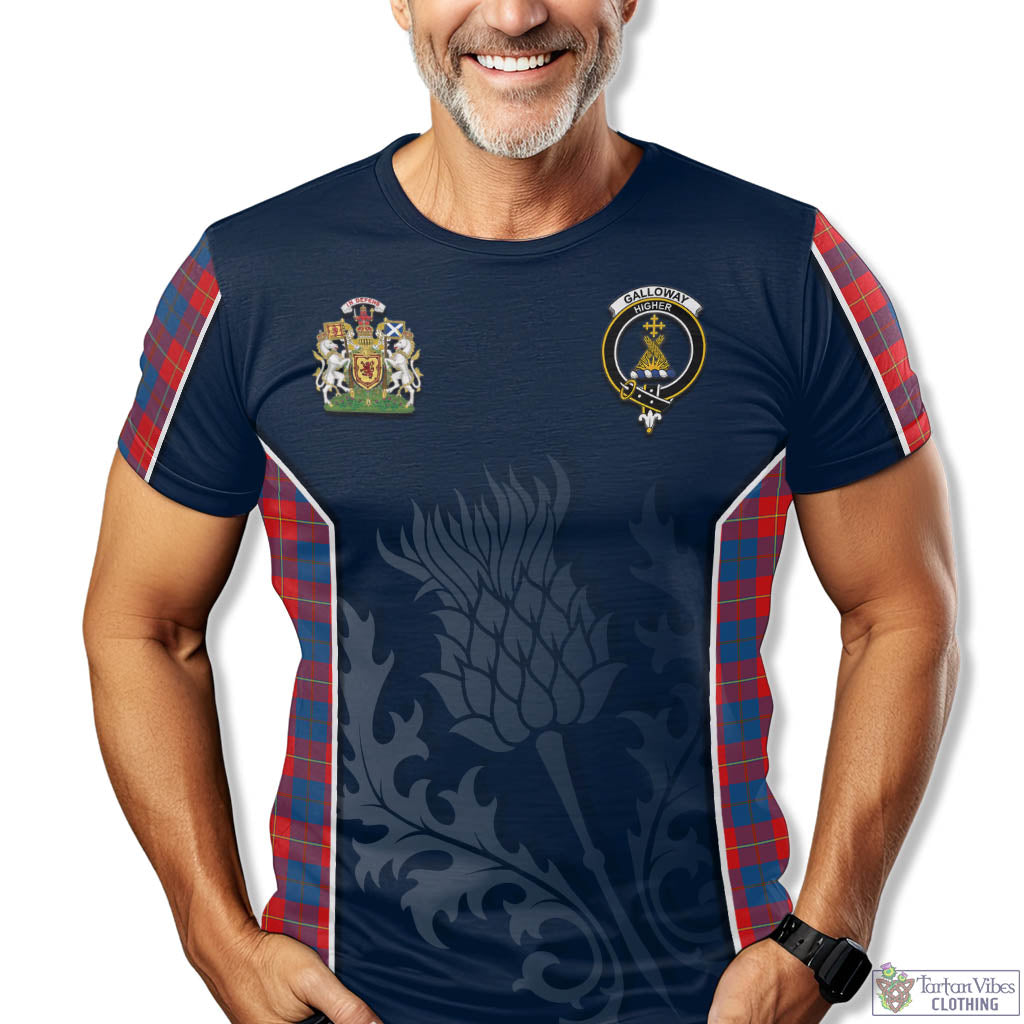 Tartan Vibes Clothing Galloway Red Tartan T-Shirt with Family Crest and Scottish Thistle Vibes Sport Style