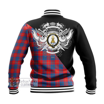 Galloway Red Tartan Baseball Jacket with Family Crest and Military Logo Style