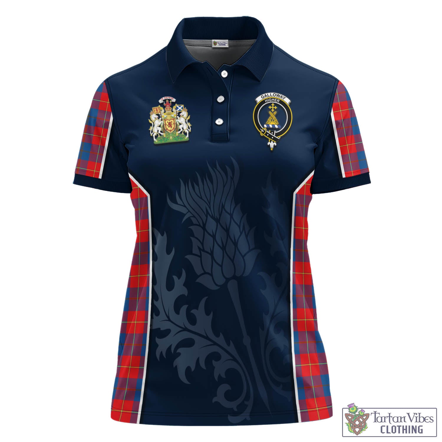 Tartan Vibes Clothing Galloway Red Tartan Women's Polo Shirt with Family Crest and Scottish Thistle Vibes Sport Style