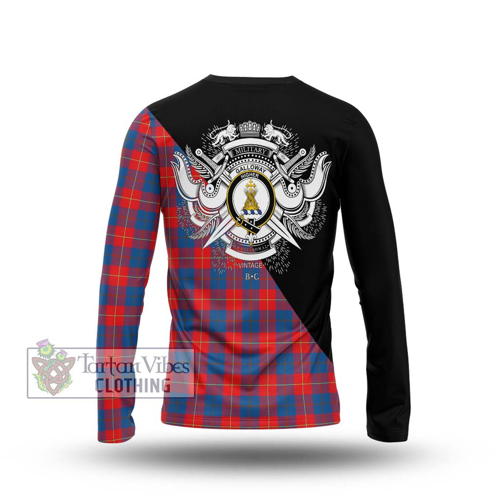 Galloway Red Tartan Long Sleeve T-Shirt with Family Crest and Military Logo Style - Tartanvibesclothing Shop