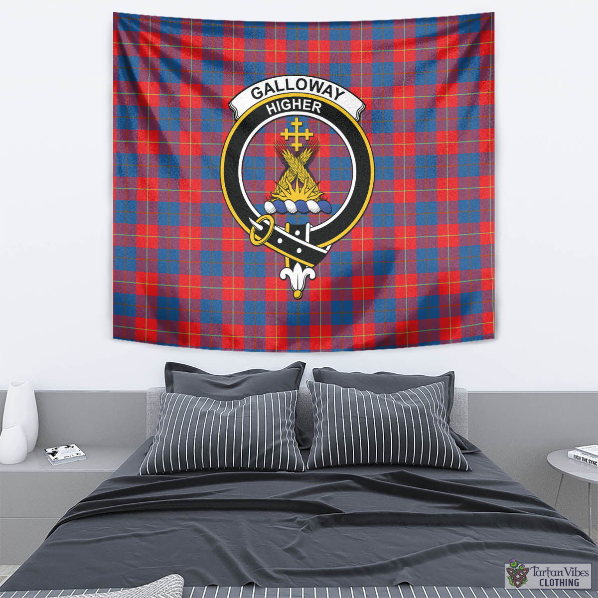 Tartan Vibes Clothing Galloway Red Tartan Tapestry Wall Hanging and Home Decor for Room with Family Crest