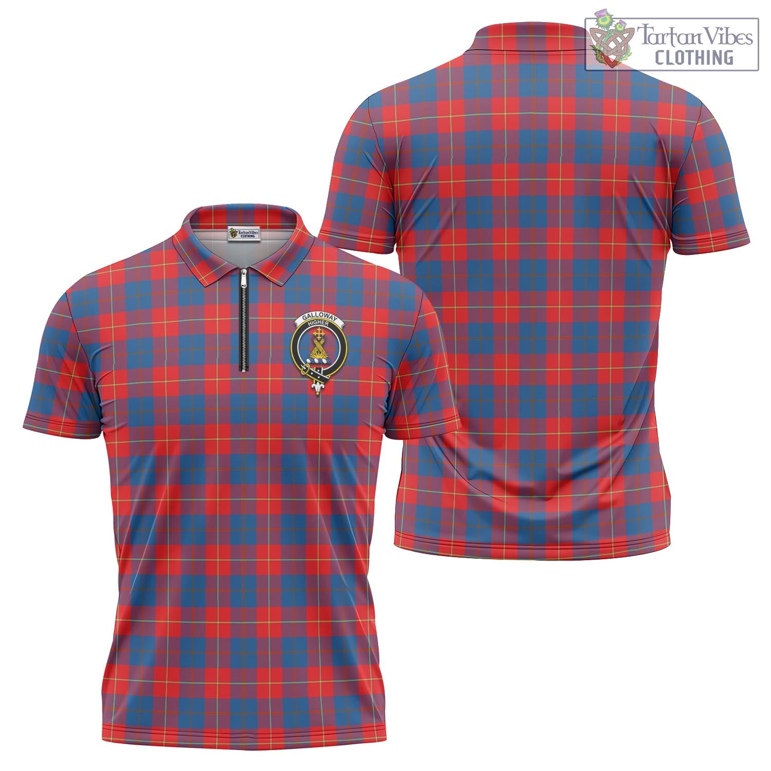 Tartan Vibes Clothing Galloway Red Tartan Zipper Polo Shirt with Family Crest