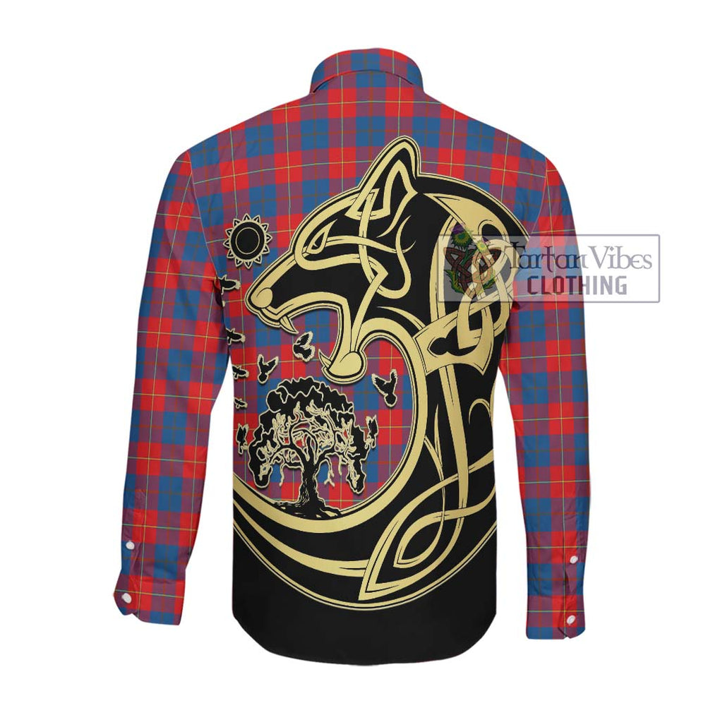 Galloway Red Tartan Long Sleeve Button Shirt with Family Crest Celtic Wolf Style Men's Shirt - Tartan Vibes Clothing