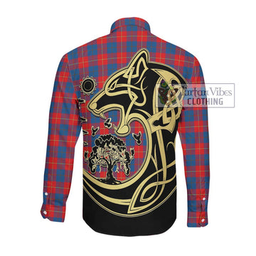 Galloway Red Tartan Long Sleeve Button Shirt with Family Crest Celtic Wolf Style