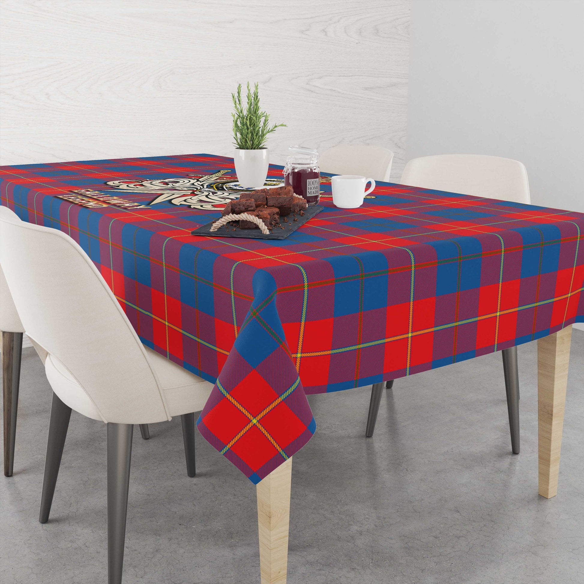 Tartan Vibes Clothing Galloway Red Tartan Tablecloth with Clan Crest and the Golden Sword of Courageous Legacy