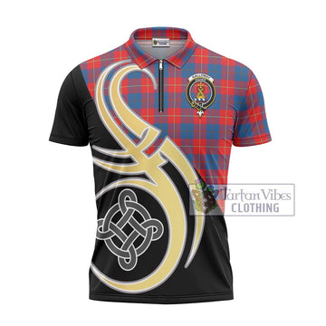 Galloway Red Tartan Zipper Polo Shirt with Family Crest and Celtic Symbol Style