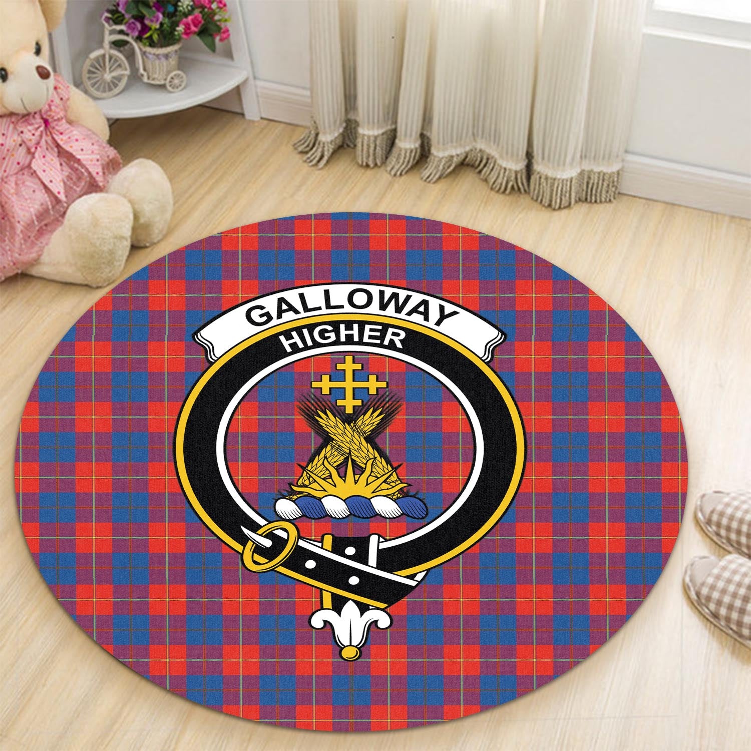 galloway-red-tartan-round-rug-with-family-crest