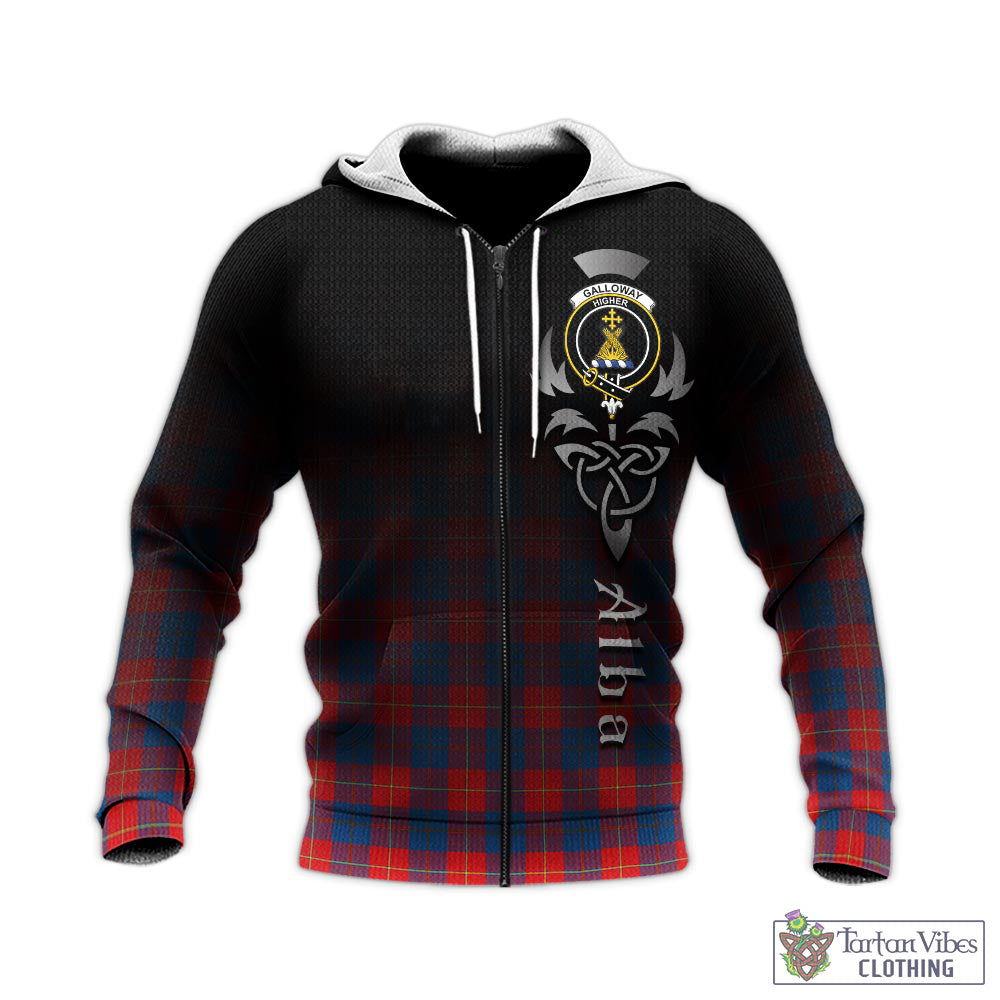 Tartan Vibes Clothing Galloway Red Tartan Knitted Hoodie Featuring Alba Gu Brath Family Crest Celtic Inspired