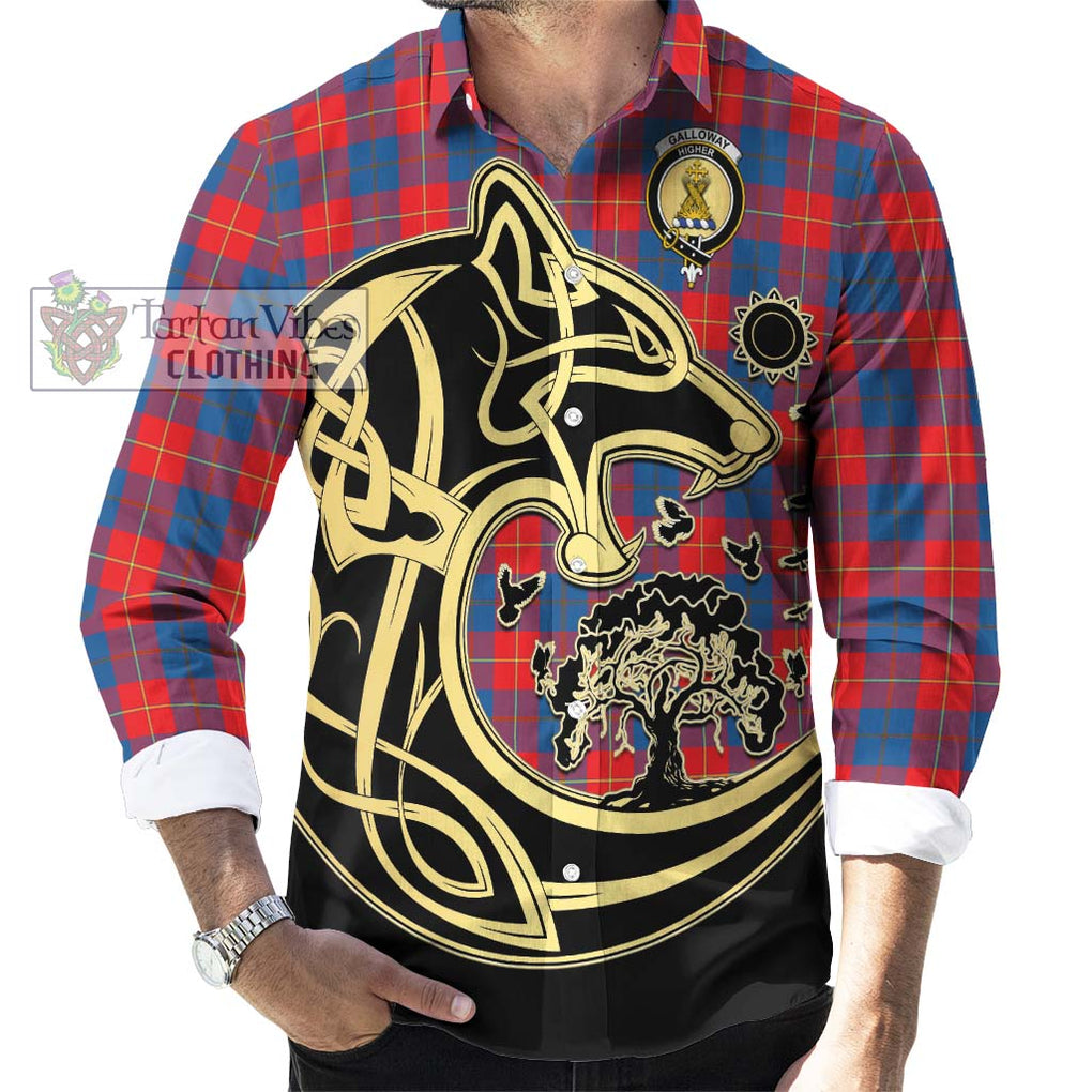 Galloway Red Tartan Long Sleeve Button Shirt with Family Crest Celtic Wolf Style - Tartan Vibes Clothing