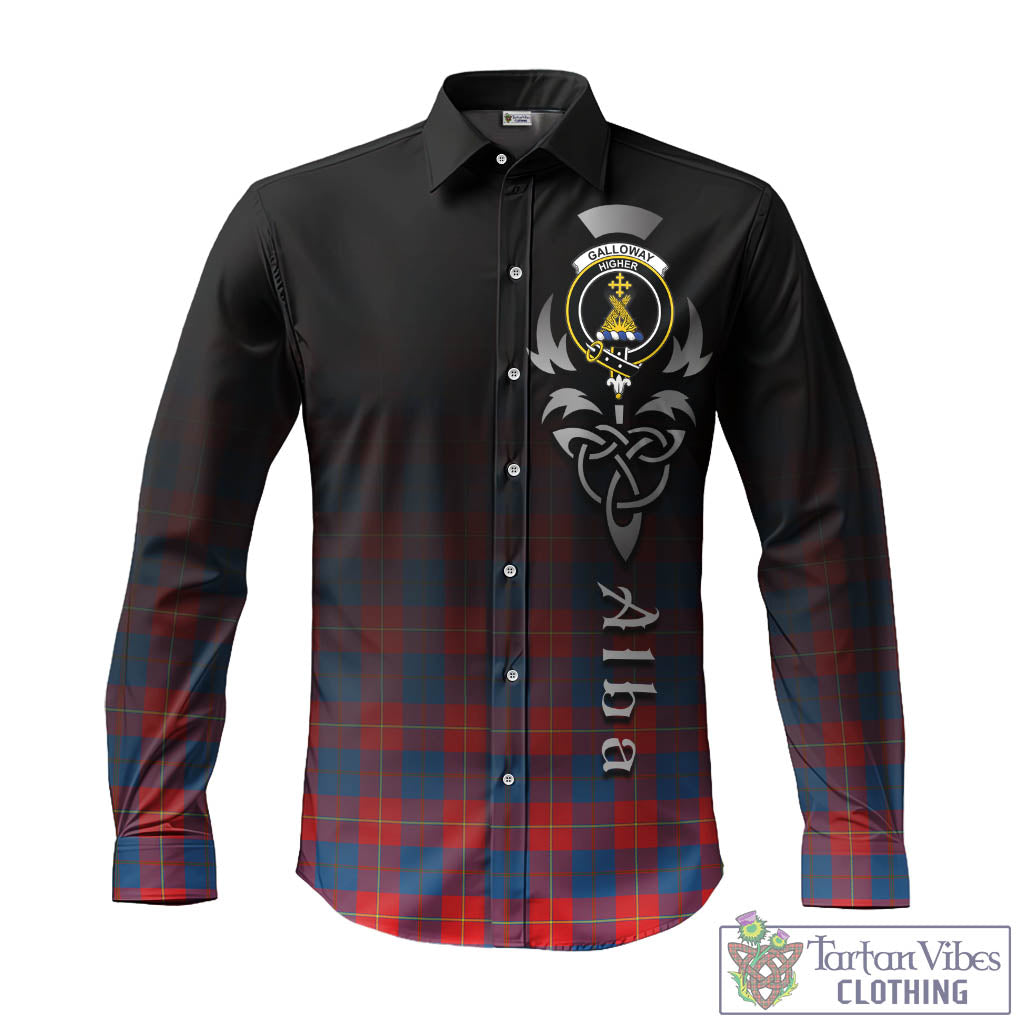 Tartan Vibes Clothing Galloway Red Tartan Long Sleeve Button Up Featuring Alba Gu Brath Family Crest Celtic Inspired
