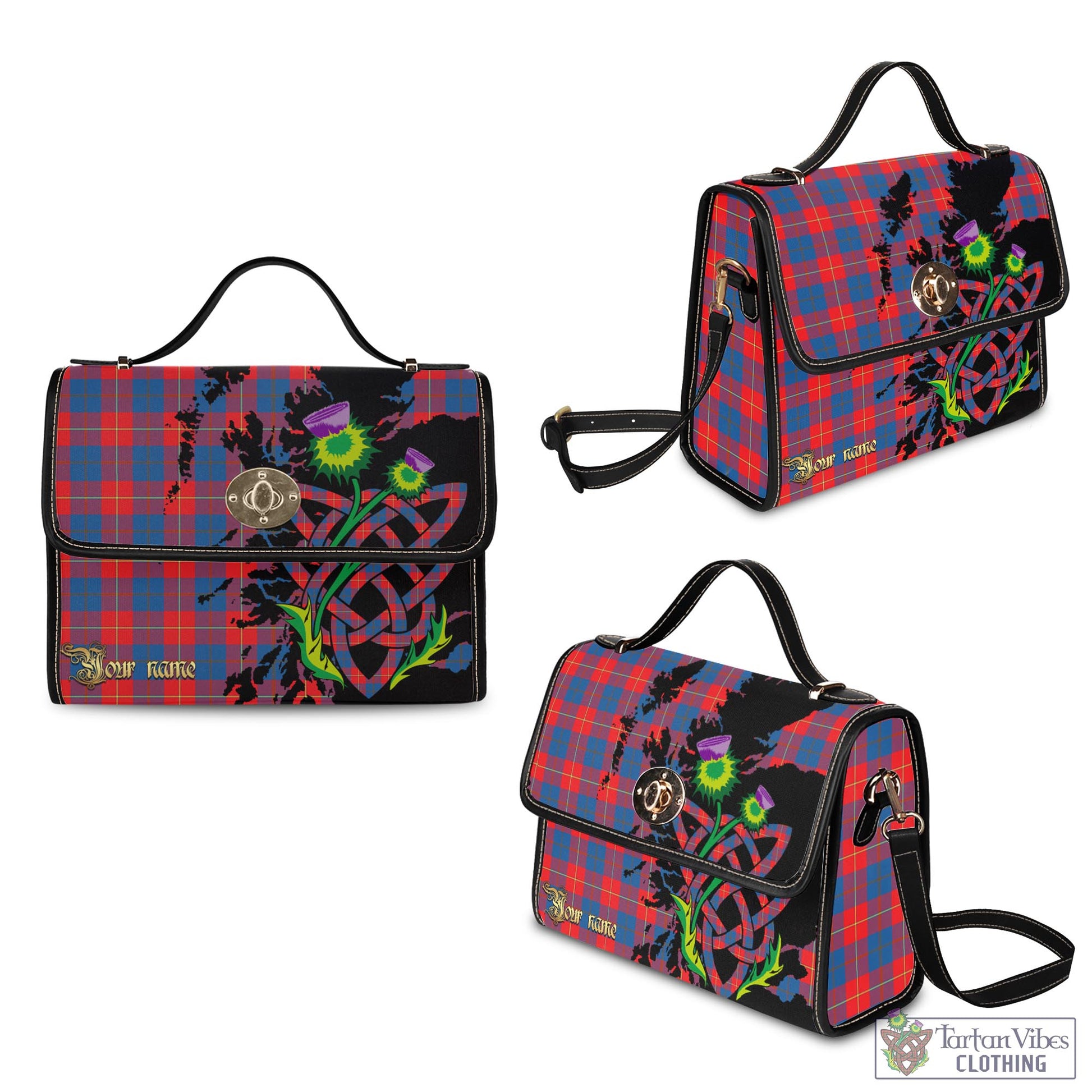 Tartan Vibes Clothing Galloway Red Tartan Waterproof Canvas Bag with Scotland Map and Thistle Celtic Accents