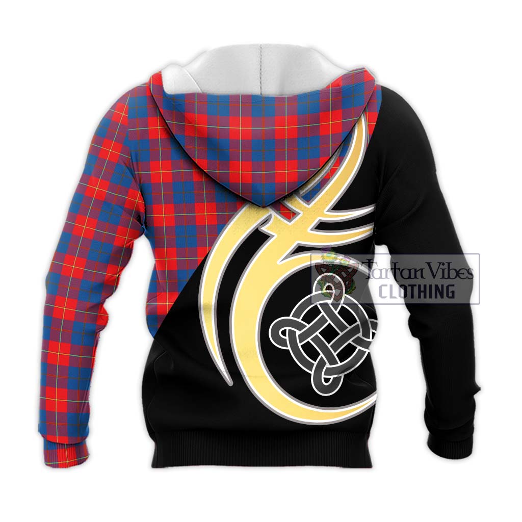 Tartan Vibes Clothing Galloway Red Tartan Knitted Hoodie with Family Crest and Celtic Symbol Style