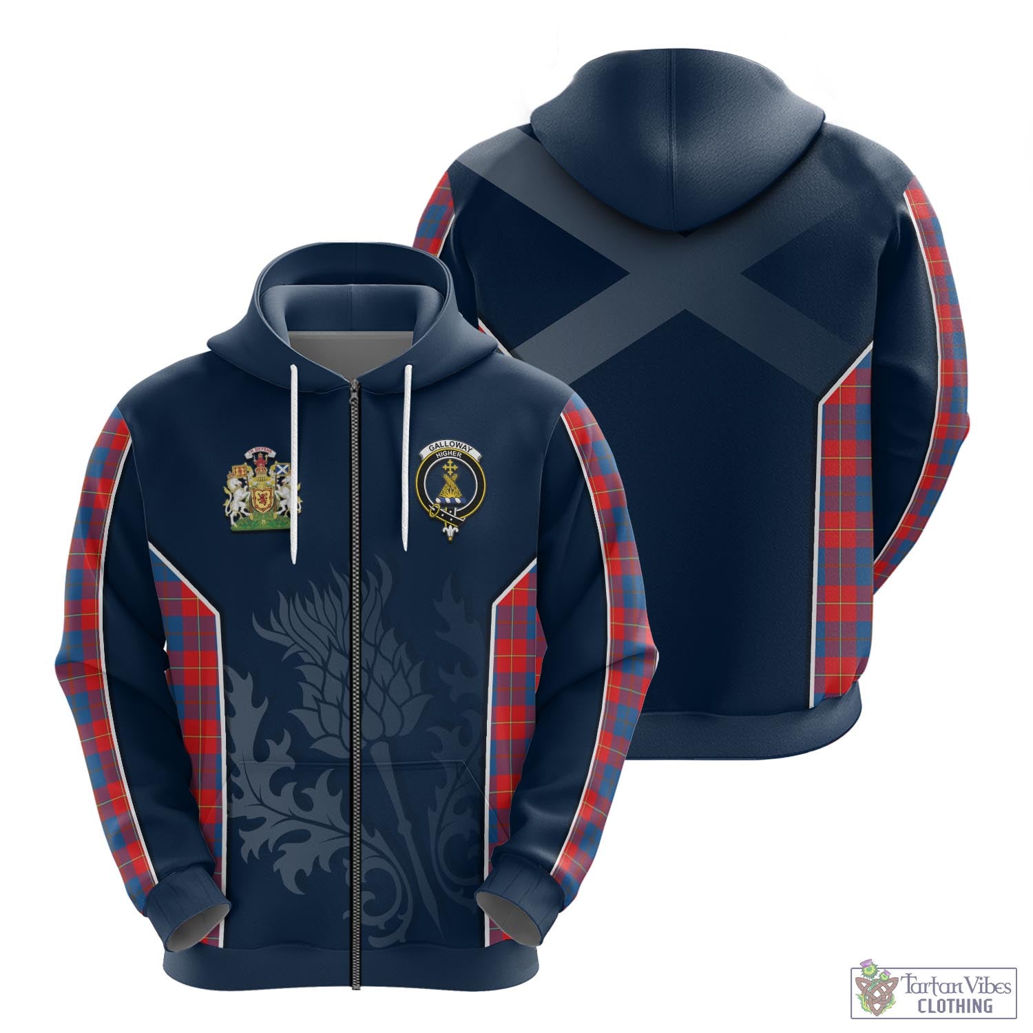 Tartan Vibes Clothing Galloway Red Tartan Hoodie with Family Crest and Scottish Thistle Vibes Sport Style