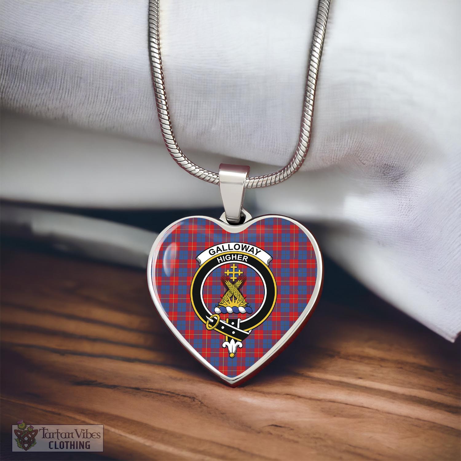 Tartan Vibes Clothing Galloway Red Tartan Heart Necklace with Family Crest