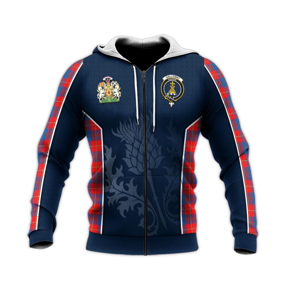 Tartan Vibes Clothing Galloway Red Tartan Knitted Hoodie with Family Crest and Scottish Thistle Vibes Sport Style