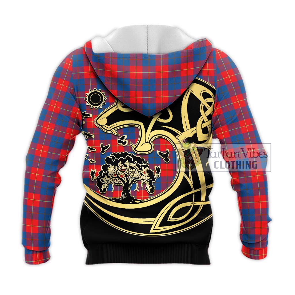 Tartan Vibes Clothing Galloway Red Tartan Knitted Hoodie with Family Crest Celtic Wolf Style
