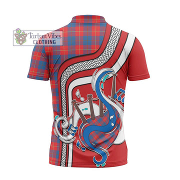 Galloway Red Tartan Zipper Polo Shirt with Epic Bagpipe Style