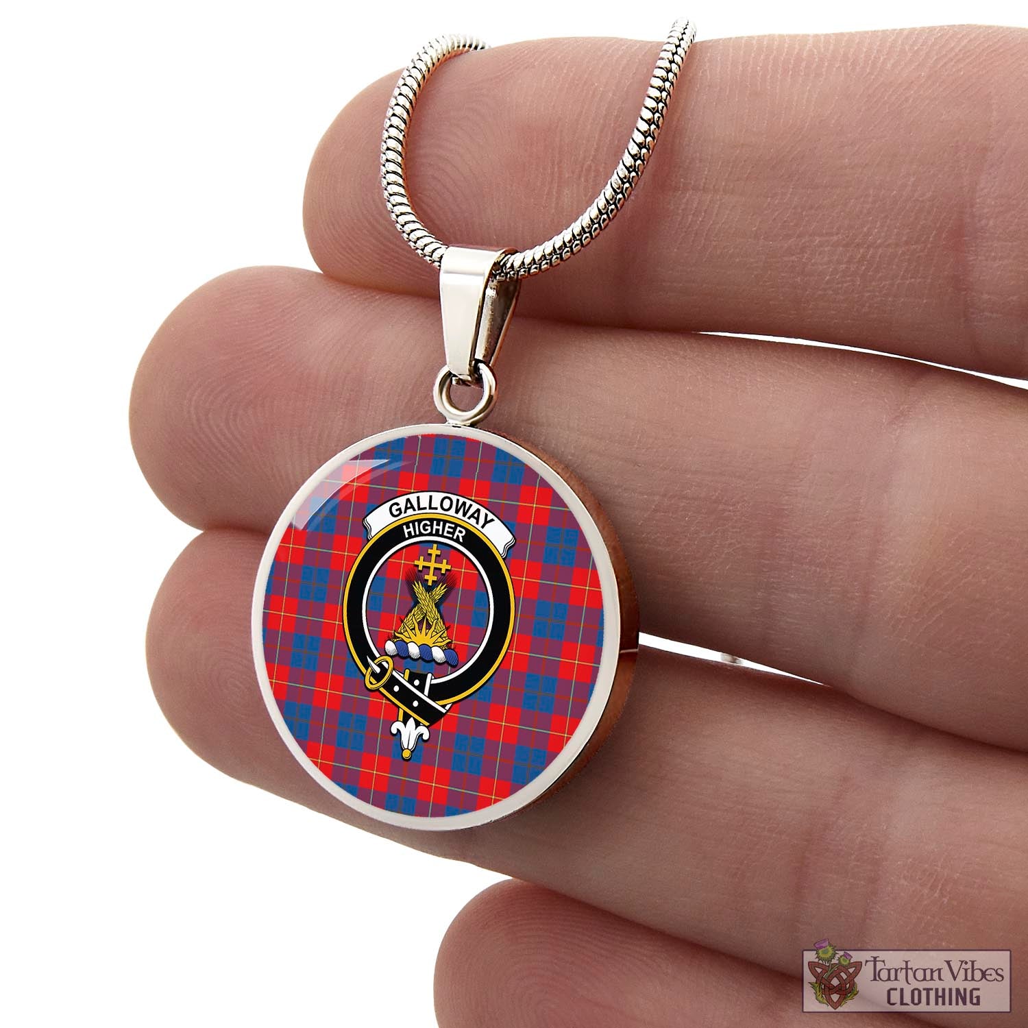 Tartan Vibes Clothing Galloway Red Tartan Circle Necklace with Family Crest