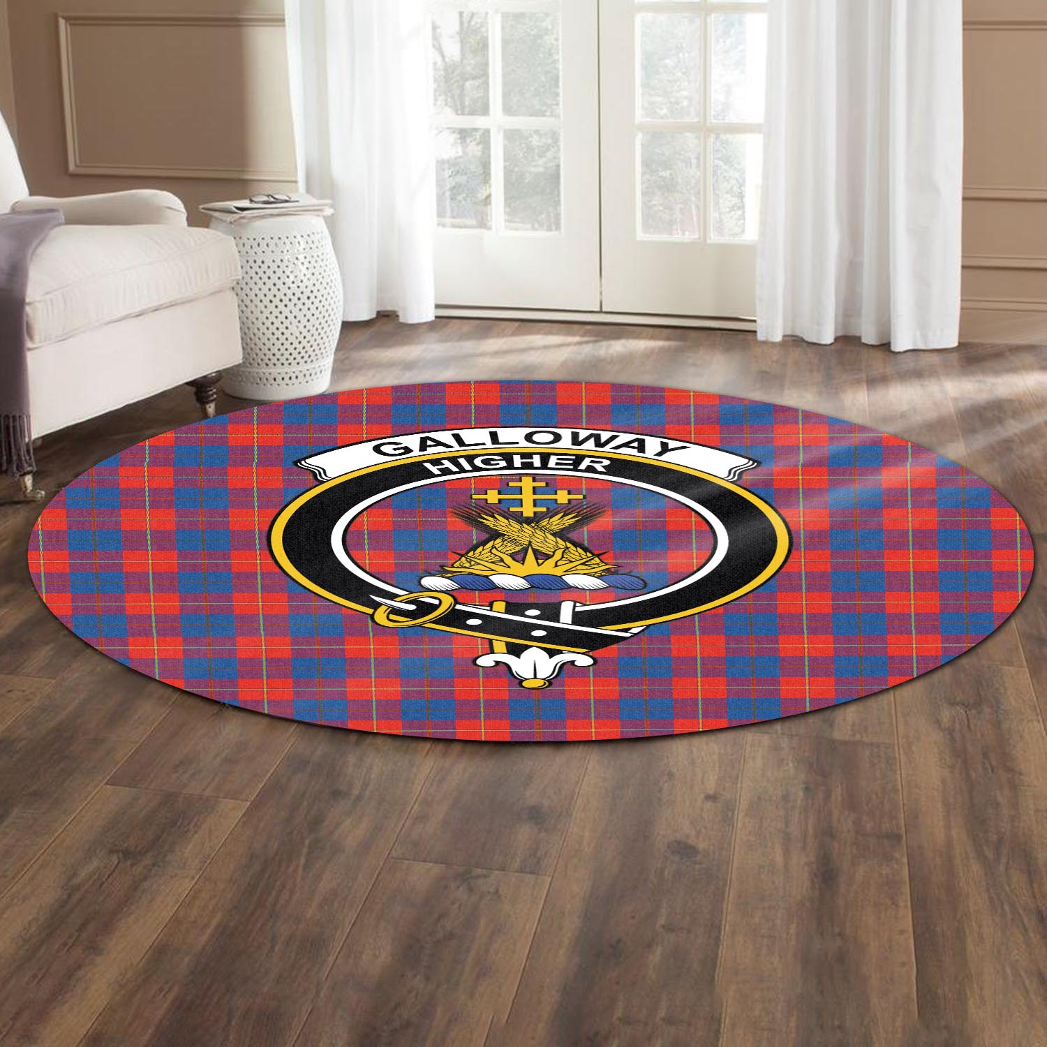 galloway-red-tartan-round-rug-with-family-crest