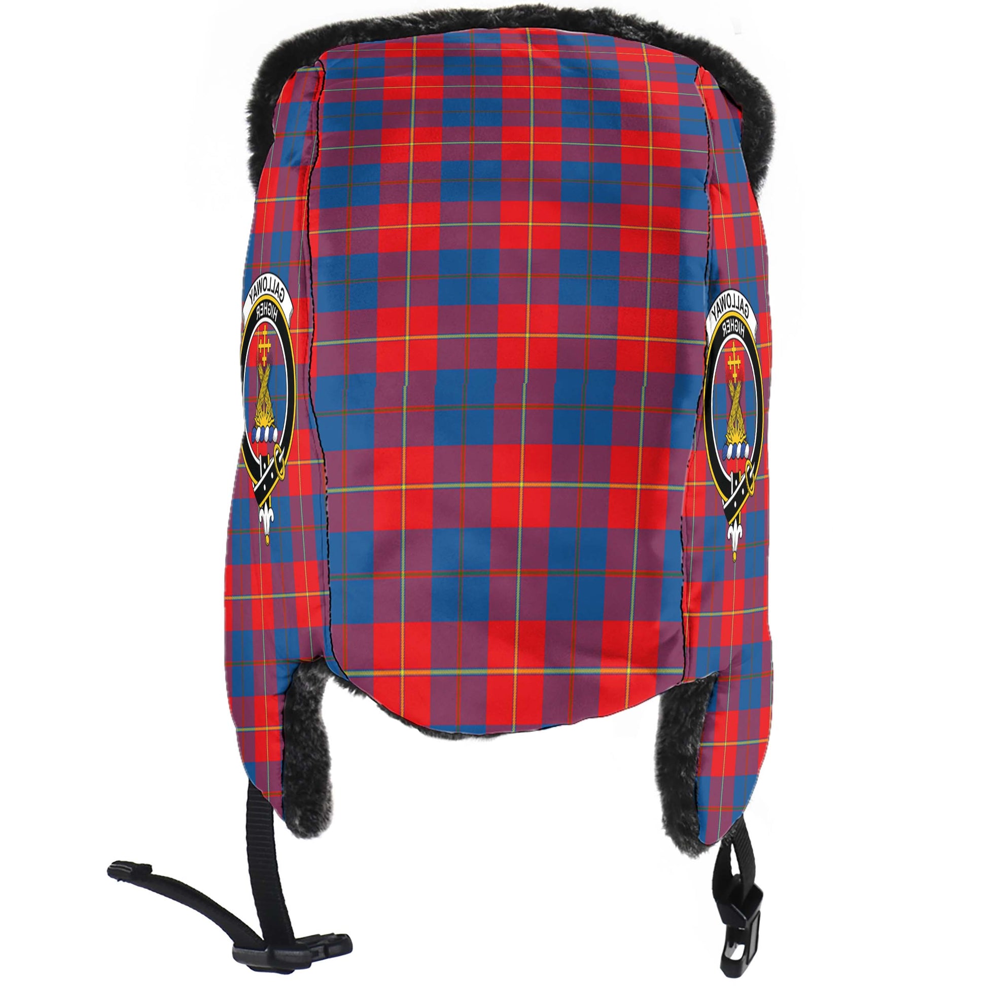 Galloway Red Tartan Winter Trapper Hat with Family Crest - Tartanvibesclothing