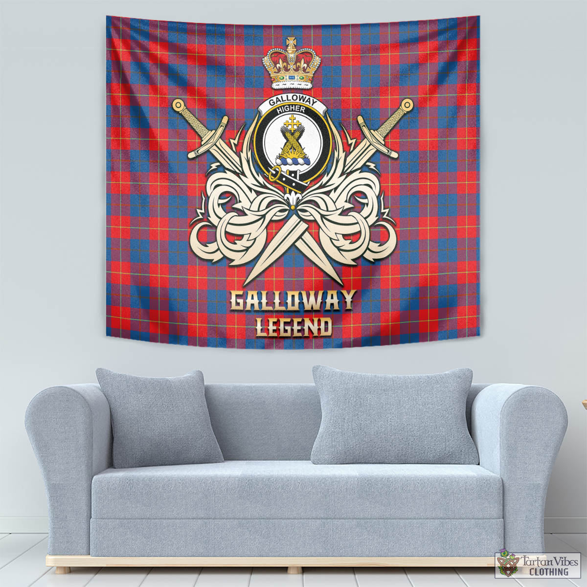 Tartan Vibes Clothing Galloway Red Tartan Tapestry with Clan Crest and the Golden Sword of Courageous Legacy