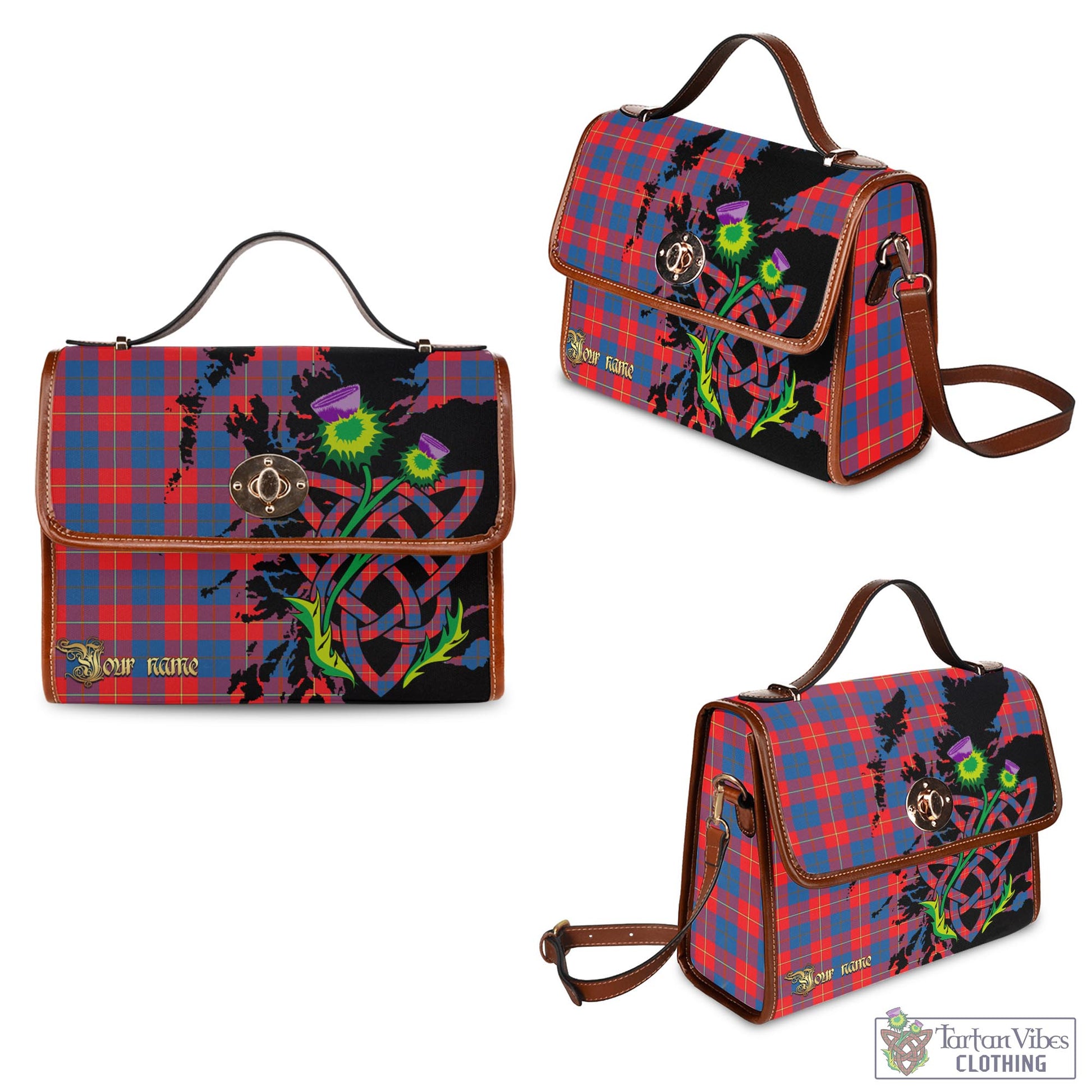 Tartan Vibes Clothing Galloway Red Tartan Waterproof Canvas Bag with Scotland Map and Thistle Celtic Accents