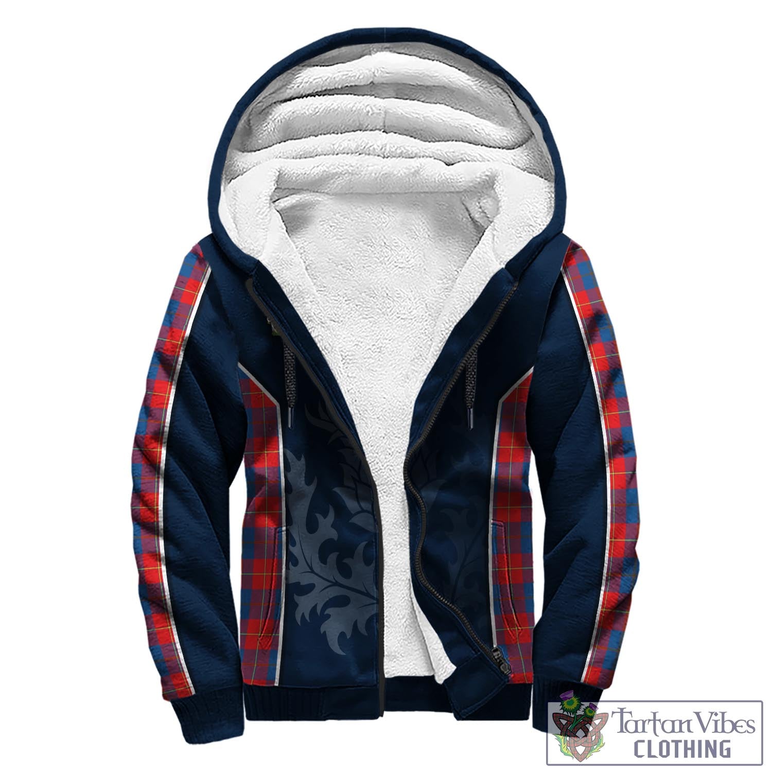 Tartan Vibes Clothing Galloway Red Tartan Sherpa Hoodie with Family Crest and Scottish Thistle Vibes Sport Style