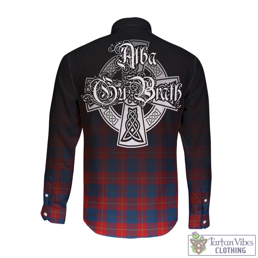 Tartan Vibes Clothing Galloway Red Tartan Long Sleeve Button Up Featuring Alba Gu Brath Family Crest Celtic Inspired
