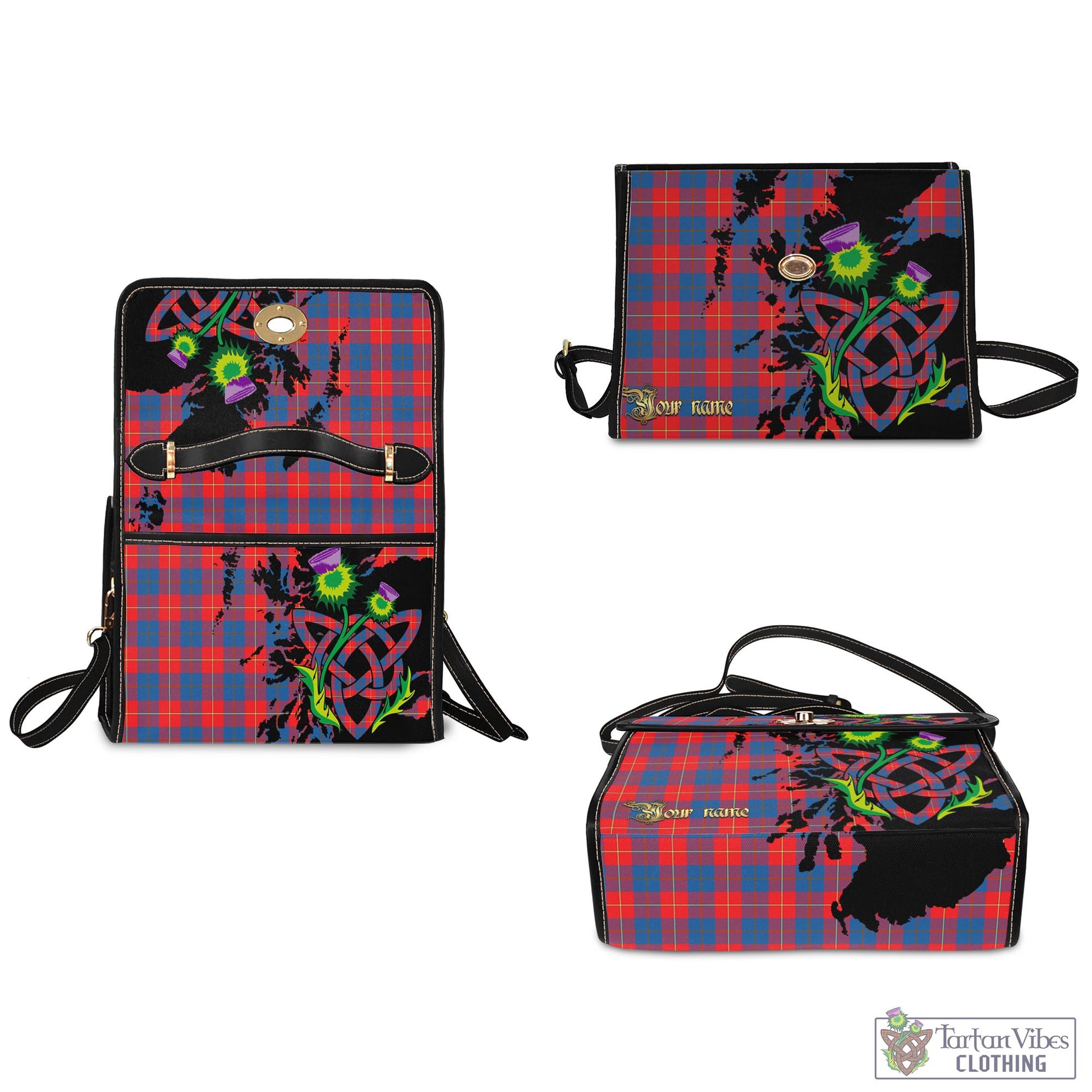 Tartan Vibes Clothing Galloway Red Tartan Waterproof Canvas Bag with Scotland Map and Thistle Celtic Accents