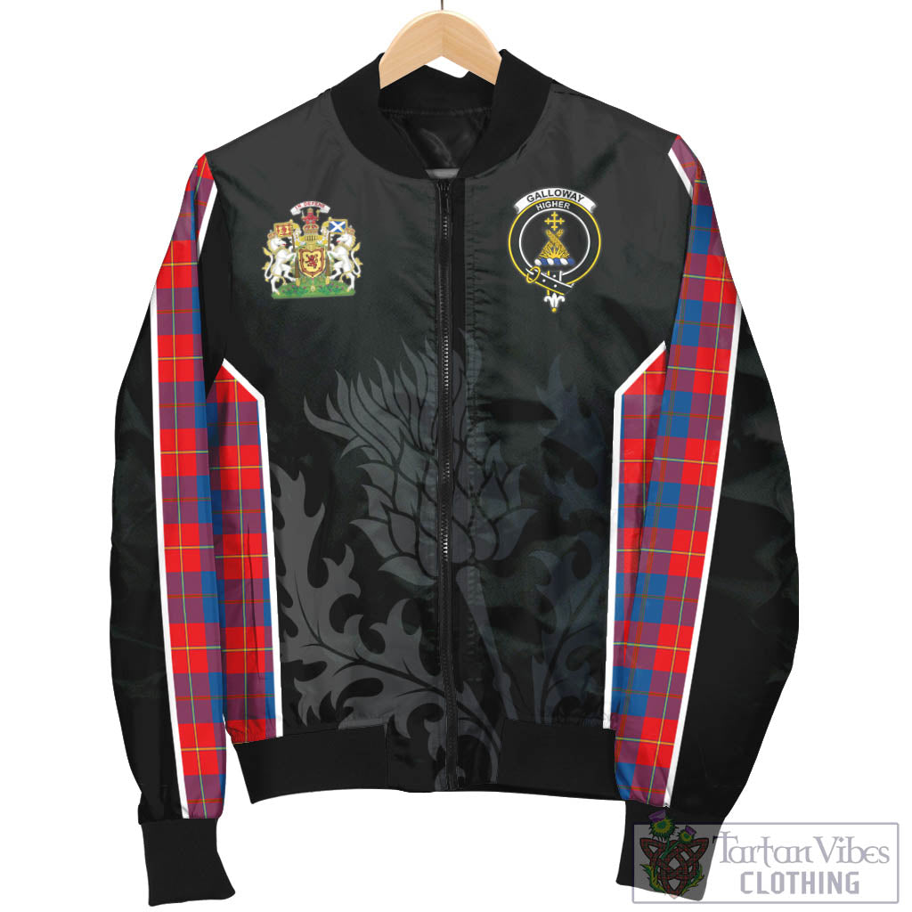 Tartan Vibes Clothing Galloway Red Tartan Bomber Jacket with Family Crest and Scottish Thistle Vibes Sport Style